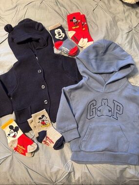GAP Baby Set Blue Bear Logo Hoodie, Knit Bear-Ear Cardigan & Socks Set 6-12M